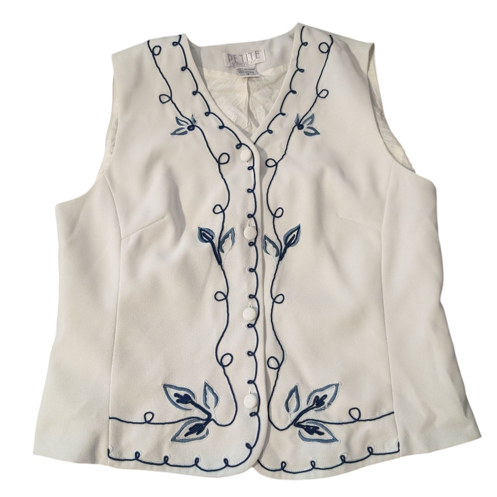Vintage Women's Petite Sophisticate Floral Embroidered White Blue Jacket Vest